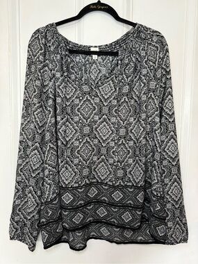 GAP Black & Gray Geometric Long Sleeve Blouse - XL